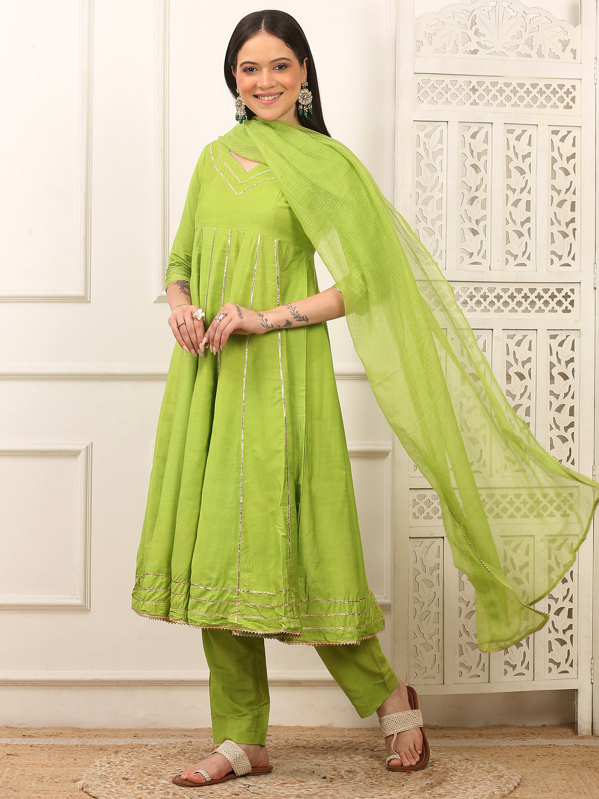 Vanya Green Handwoven Cotton Silk Anarkali Set
