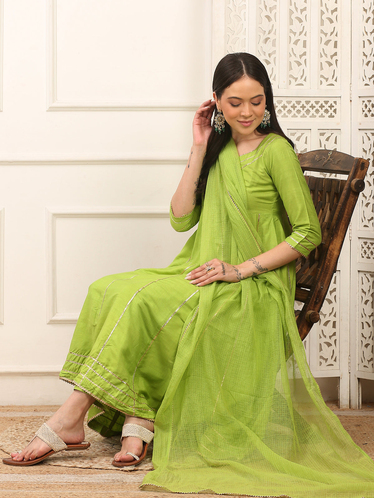 Vanya Green Handwoven Cotton Silk Anarkali Set