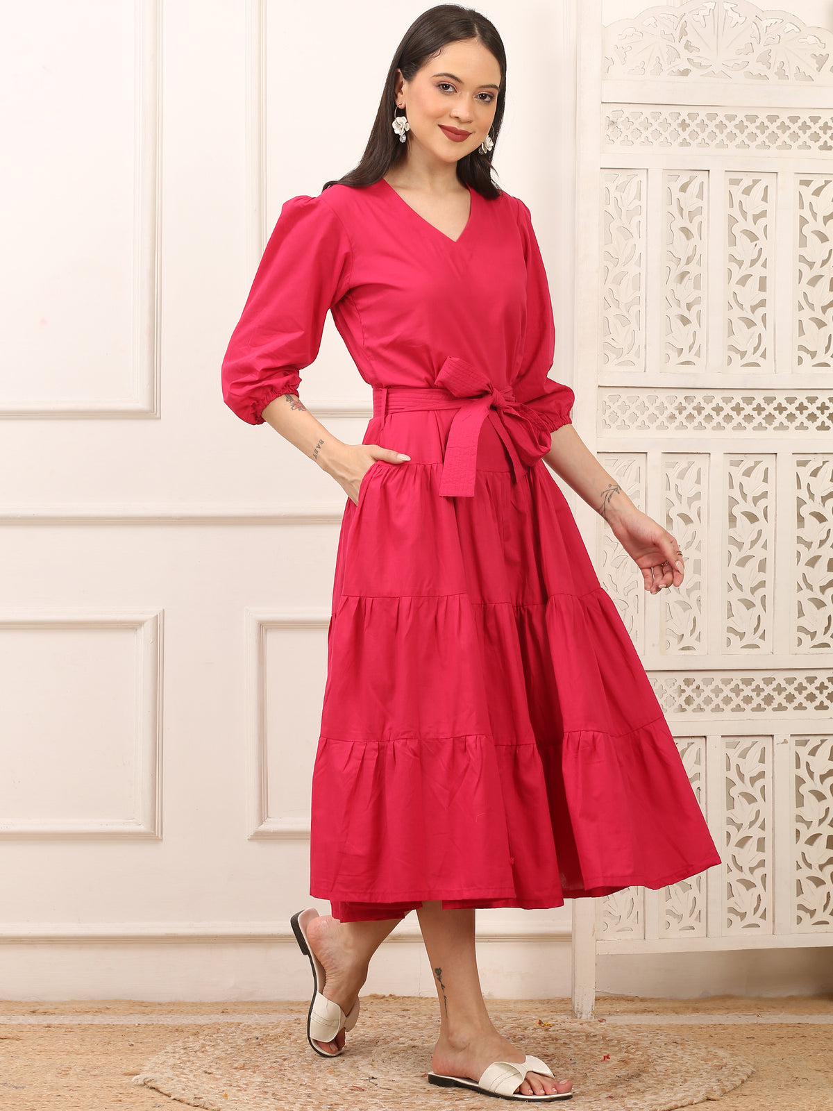 Fiona Pink Cotton Long Dress