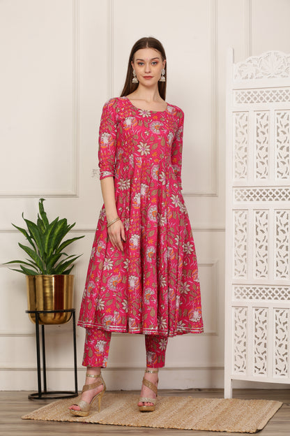 Sana Red Paisley Handblock Anarkali Set
