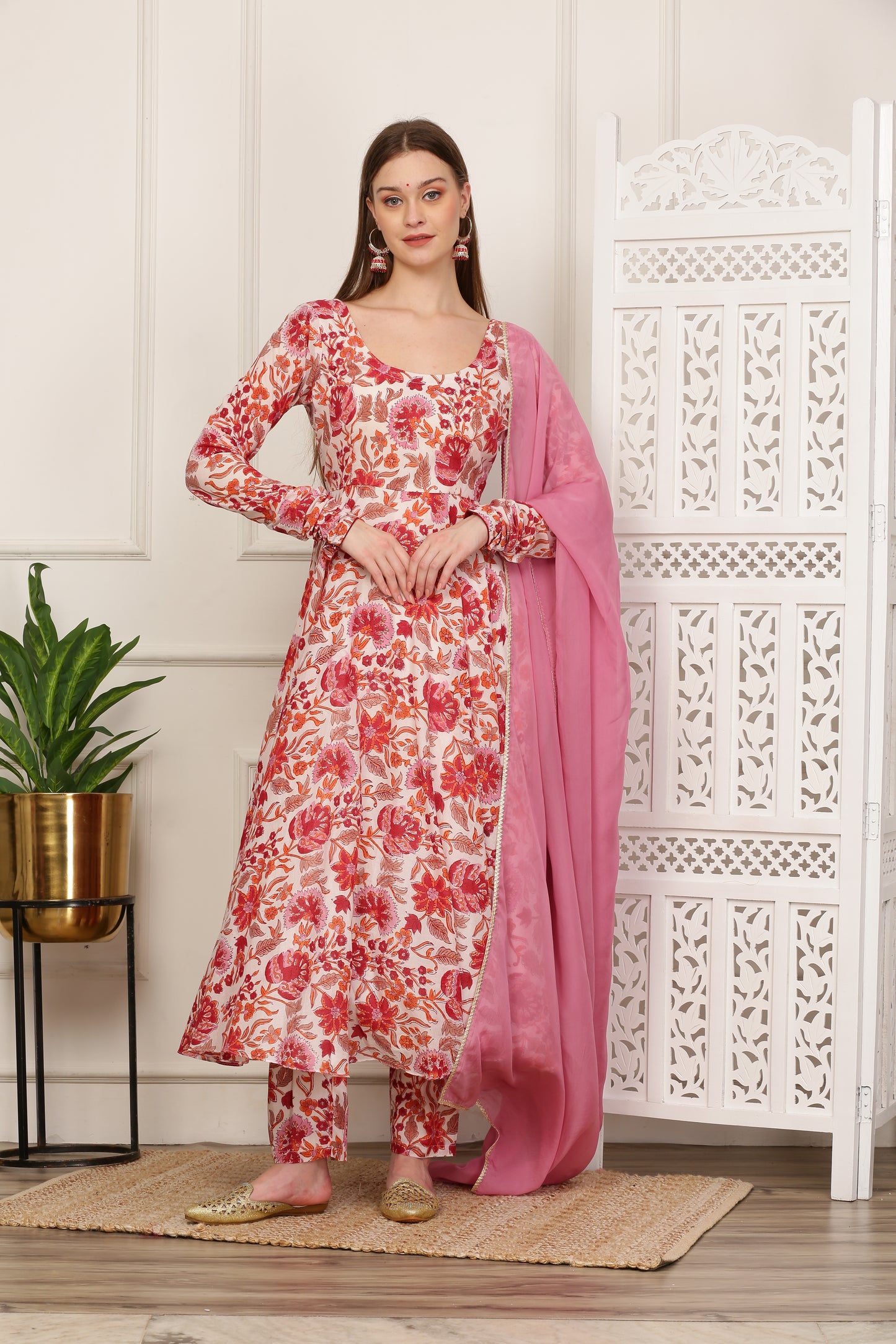 Aisha White Handblock Anarkali Set
