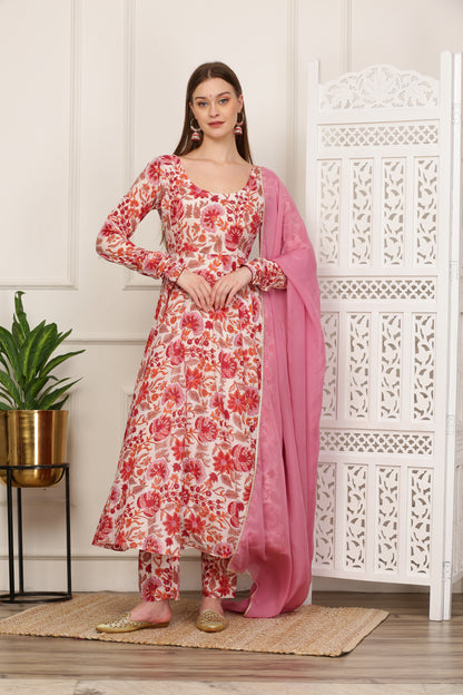 Aisha White Handblock Anarkali Set