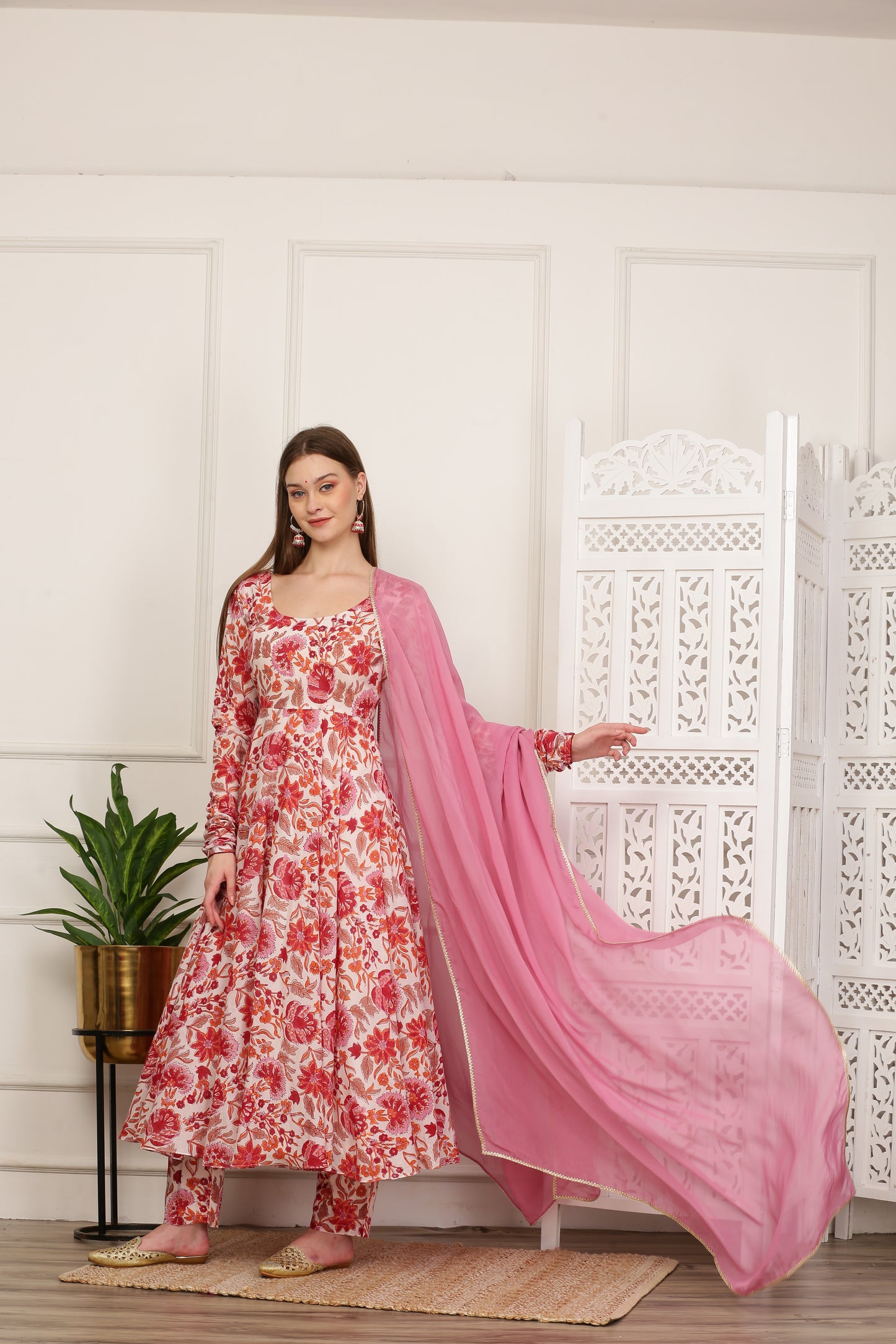 Aisha White Handblock Anarkali Set