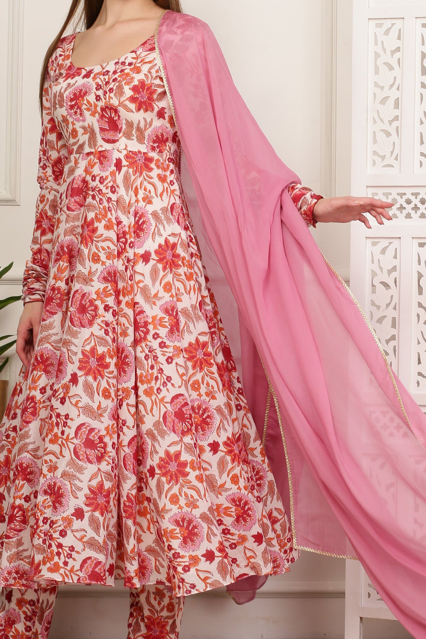Aisha White Handblock Anarkali Set