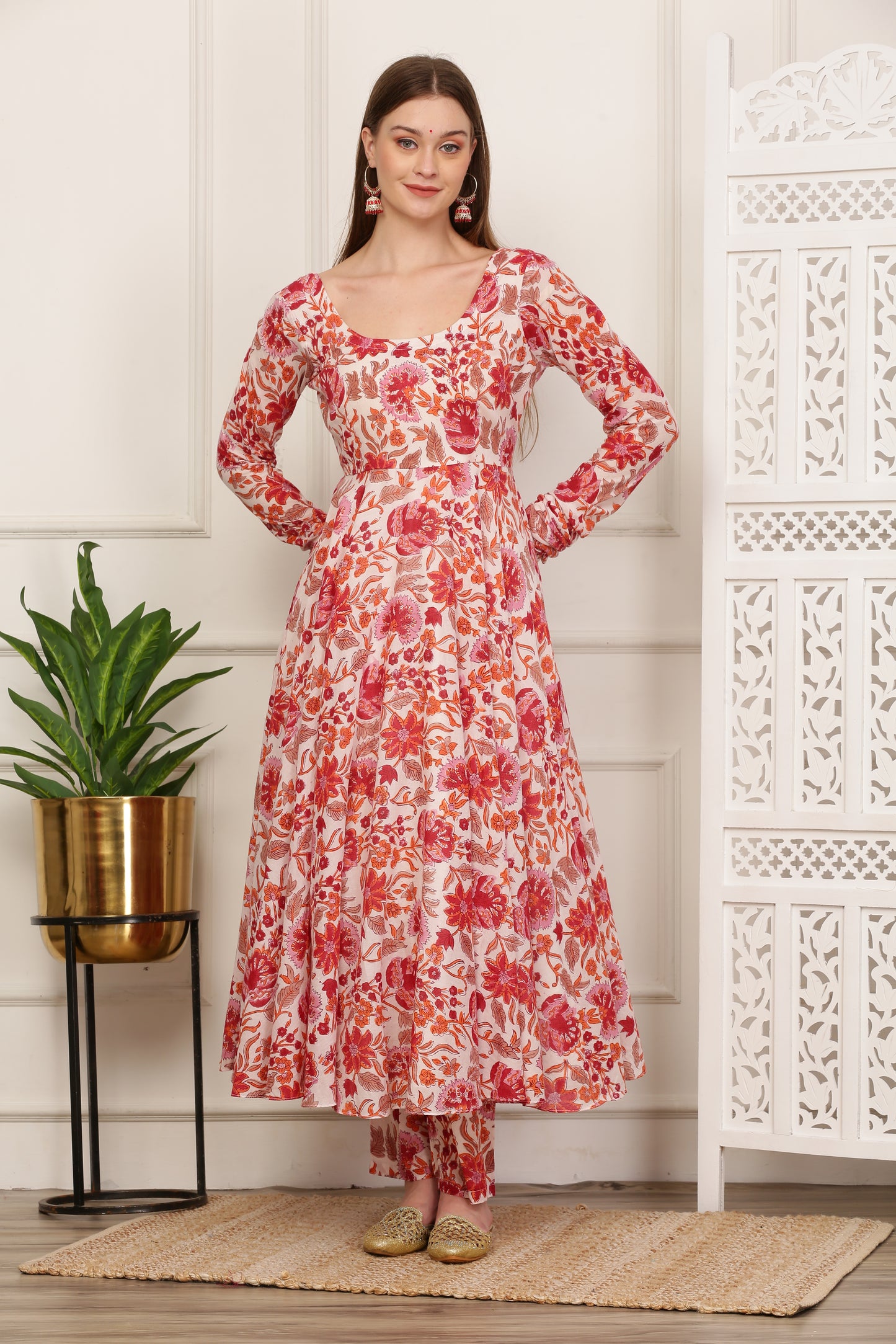 Aisha White Handblock Anarkali Set