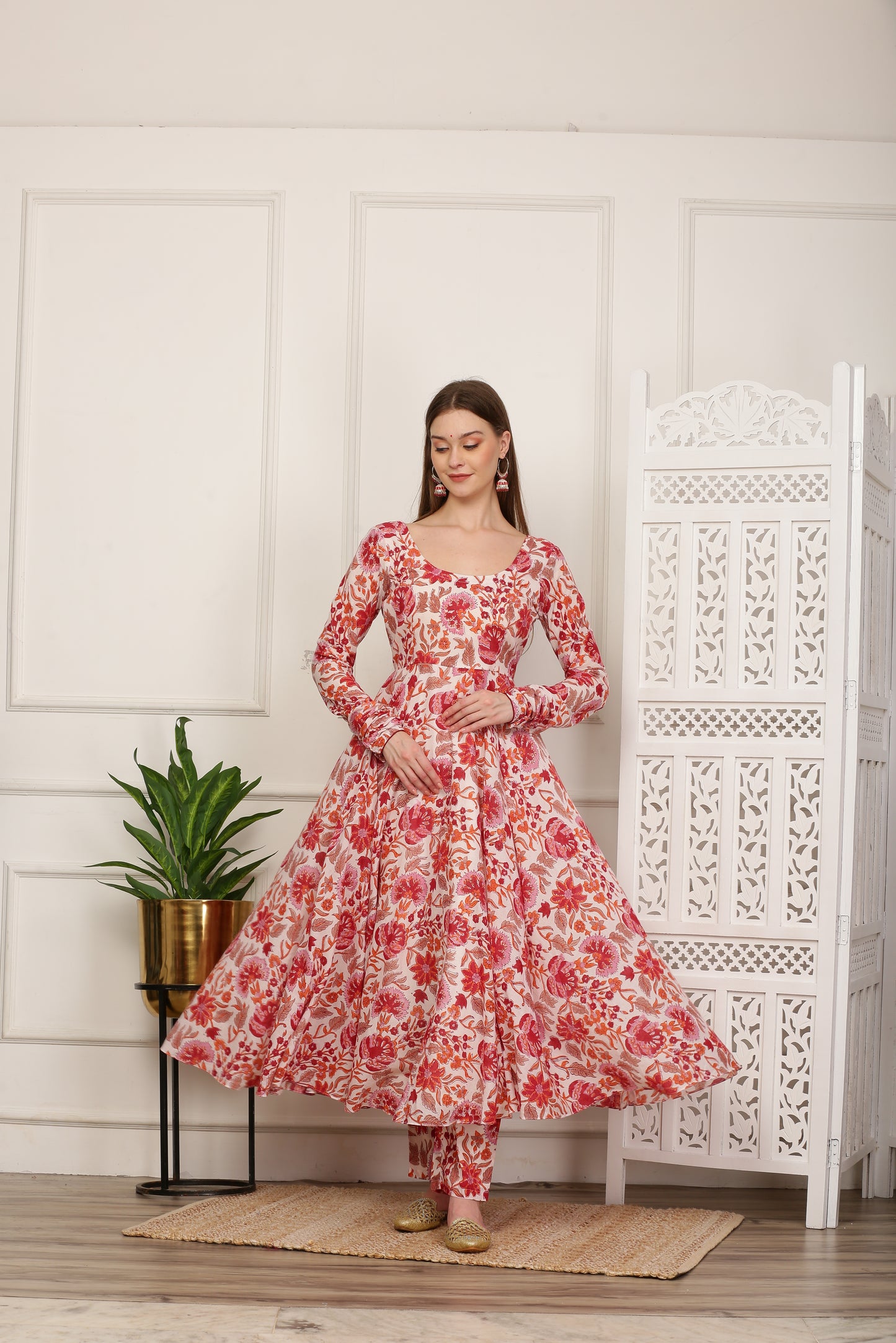 Aisha White Handblock Anarkali Set