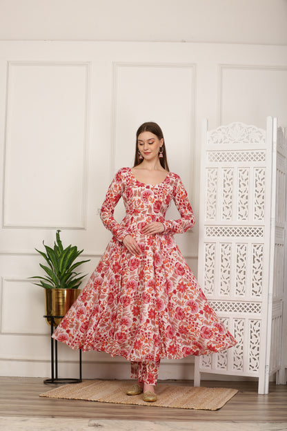 Aisha White Handblock Anarkali Set