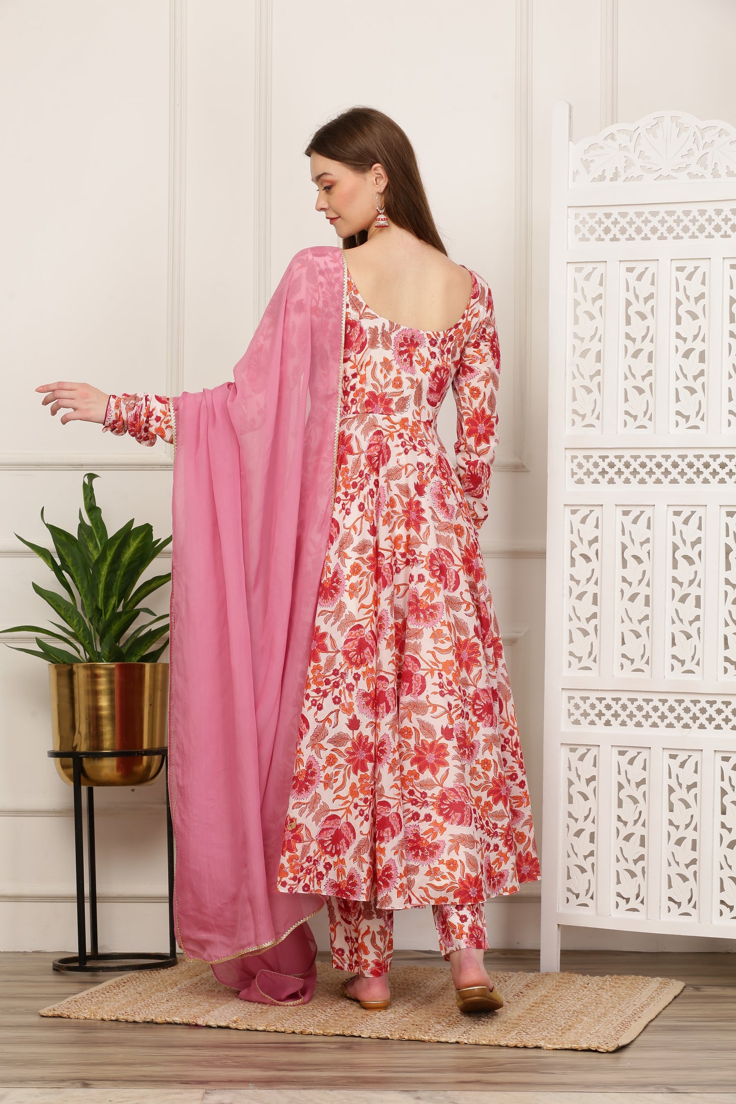 Aisha White Handblock Anarkali Set