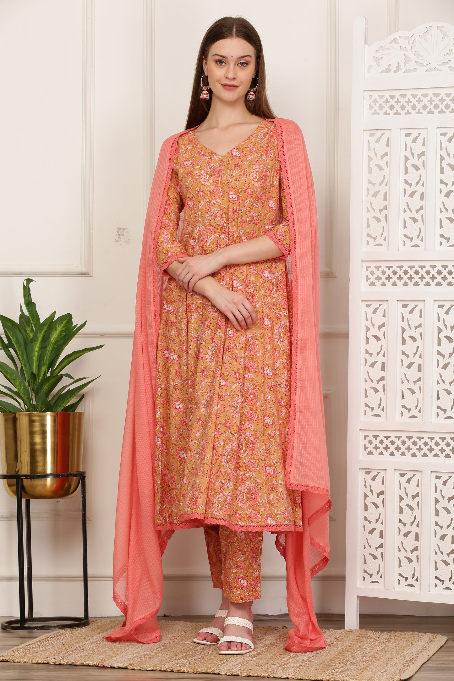 Gulrukh Peach Handblock Anarkali Set