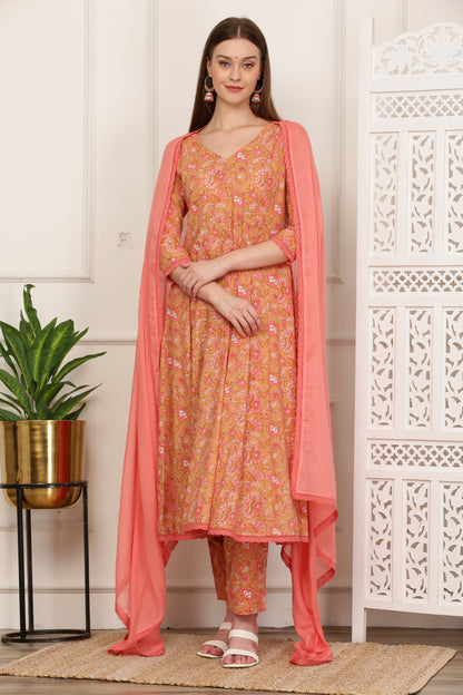 Gulrukh Peach Handblock Anarkali Set
