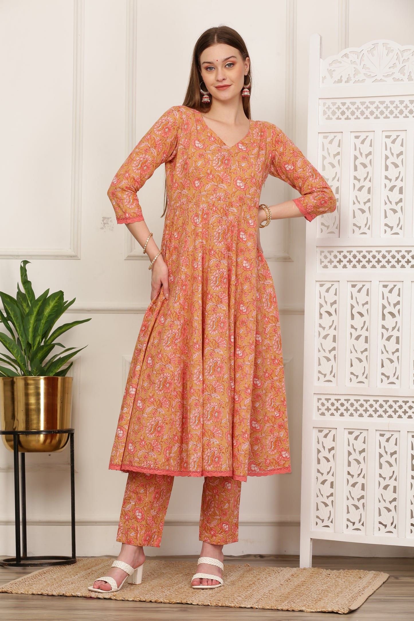 Gulrukh Peach Handblock Anarkali Set