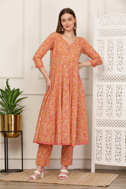 Gulrukh Peach Handblock Anarkali Set