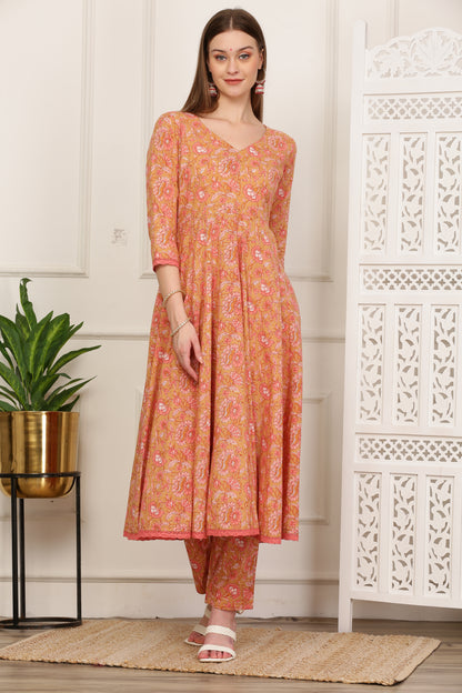 Gulrukh Peach Handblock Anarkali Set