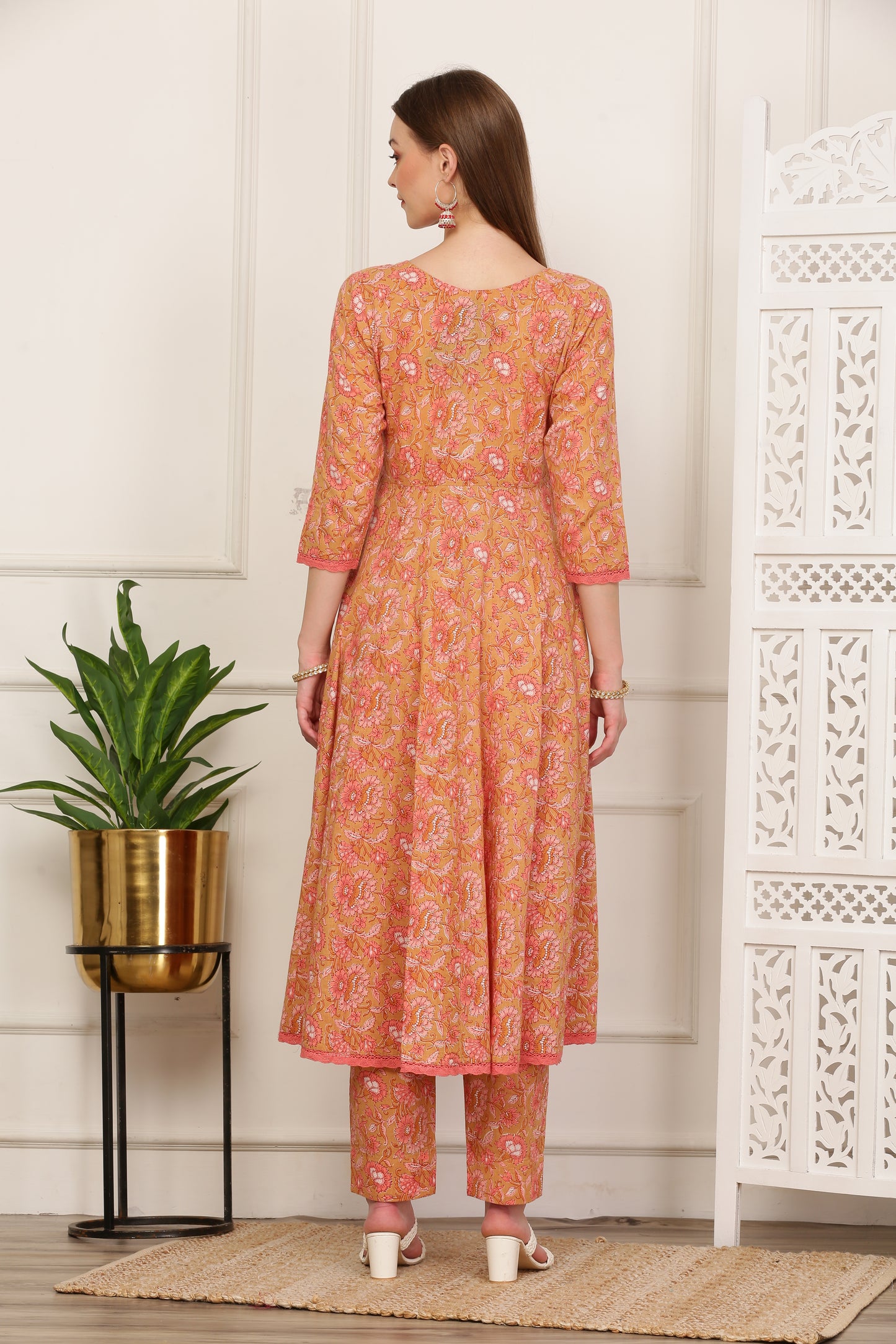 Gulrukh Peach Handblock Anarkali Set