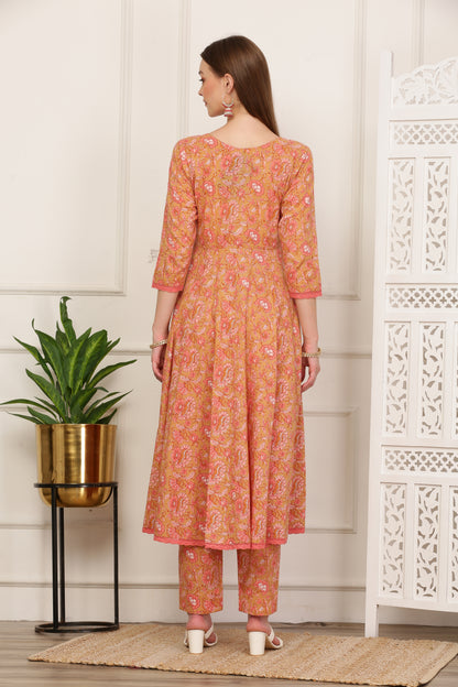 Gulrukh Peach Handblock Anarkali Set
