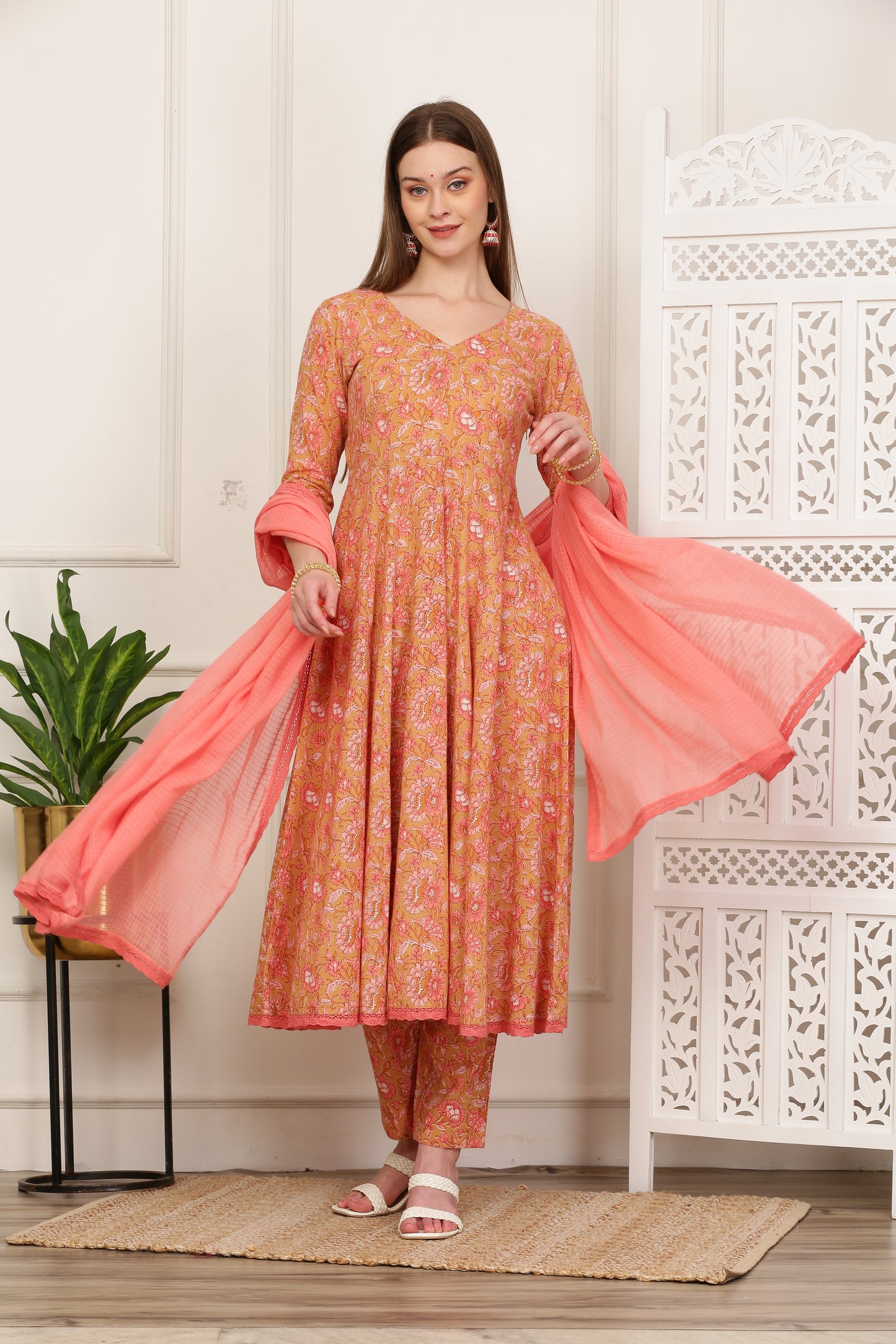 Gulrukh Peach Handblock Anarkali Set