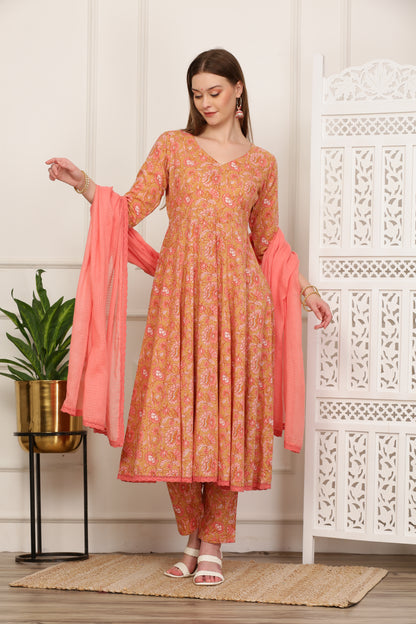 Gulrukh Peach Handblock Anarkali Set
