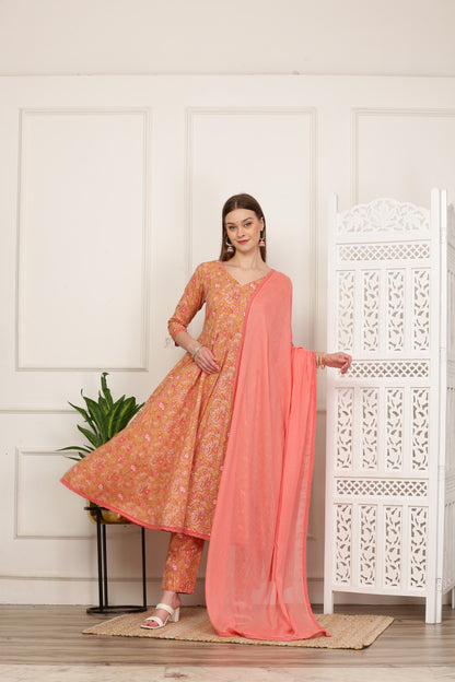 Gulrukh Peach Handblock Anarkali Set
