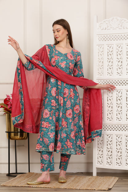 Jasmine Teal Handblock Anarkali Set