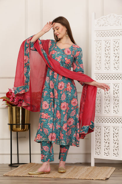 Jasmine Teal Handblock Anarkali Set