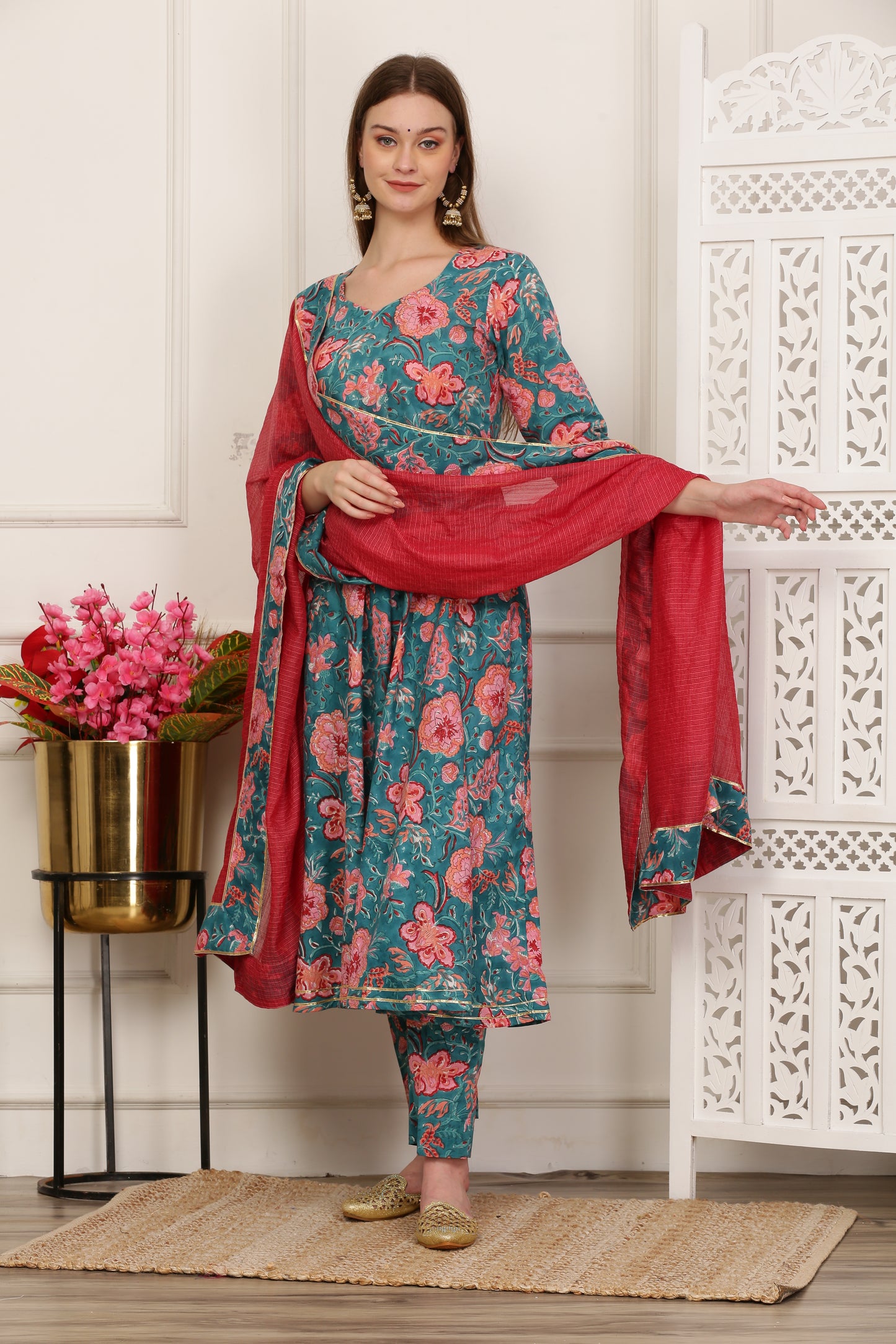 Jasmine Teal Handblock Anarkali Set
