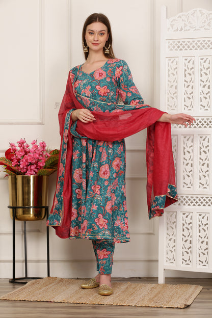 Jasmine Teal Handblock Anarkali Set