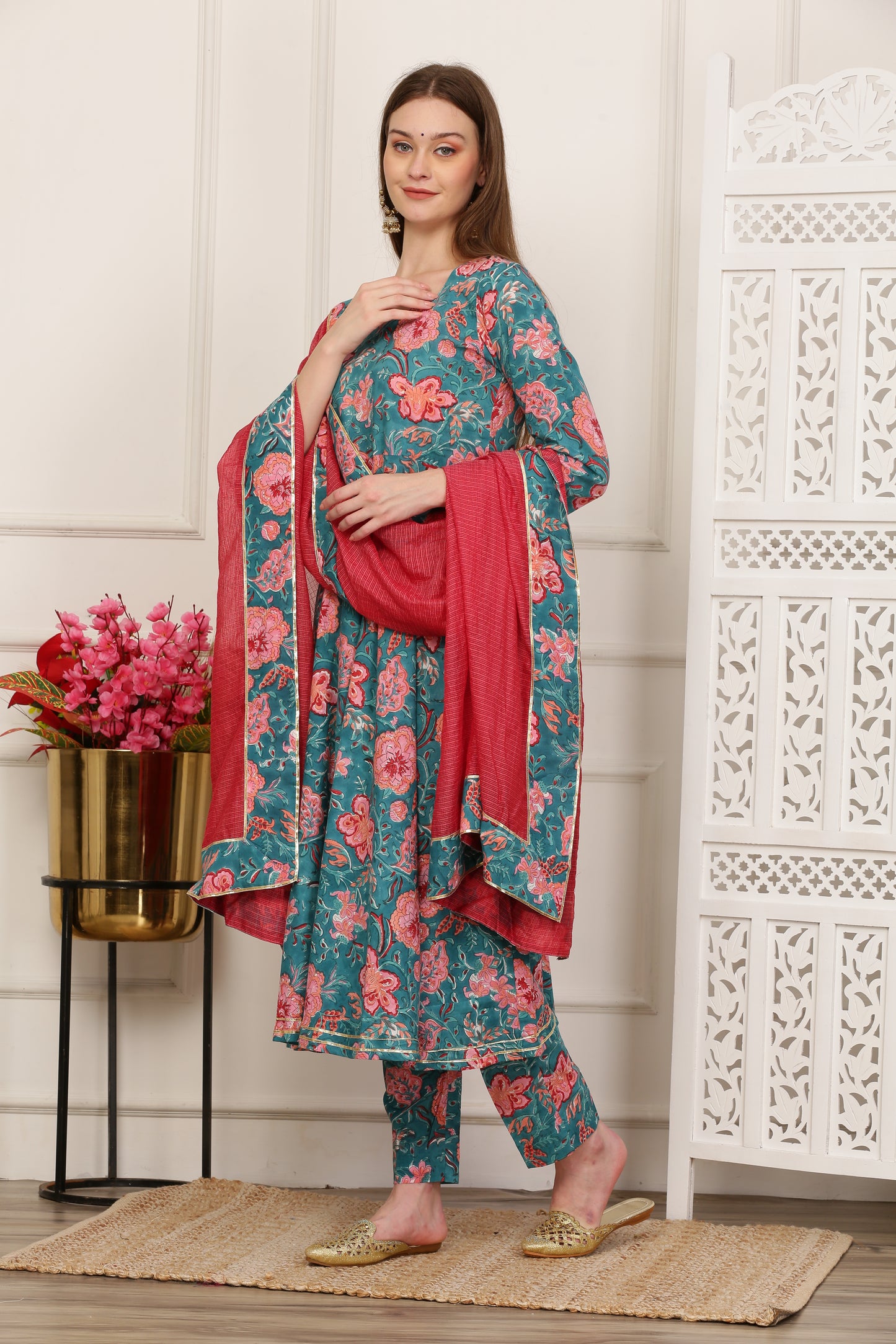 Jasmine Teal Handblock Anarkali Set