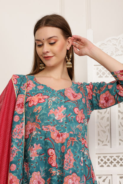 Jasmine Teal Handblock Anarkali Set