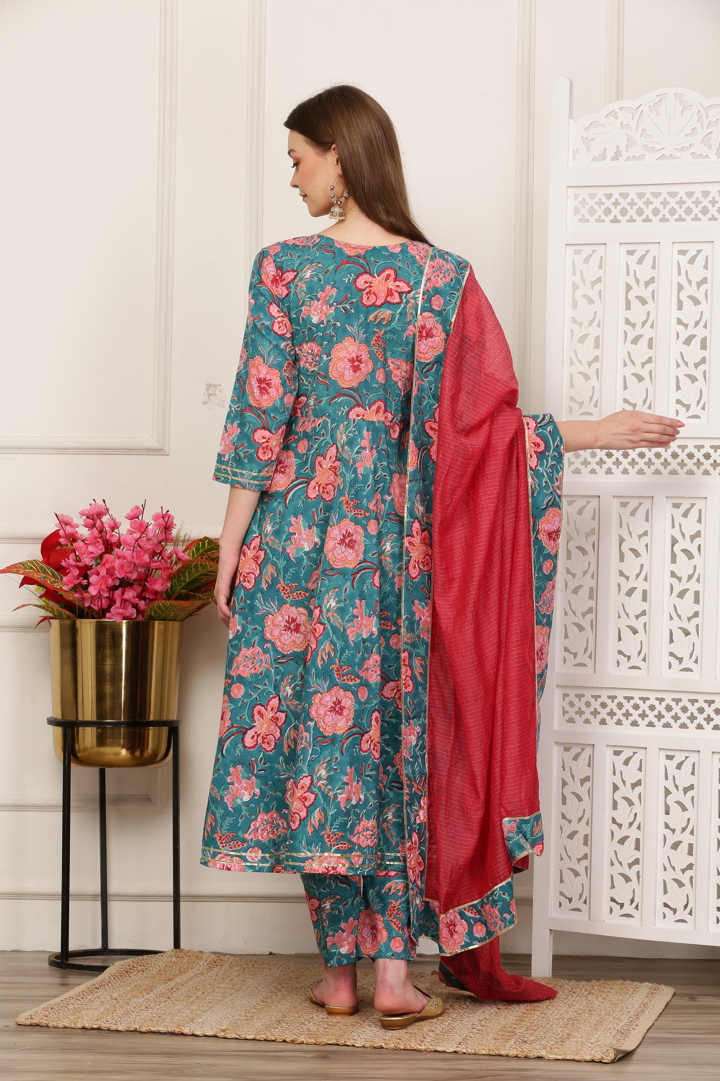Jasmine Teal Handblock Anarkali Set