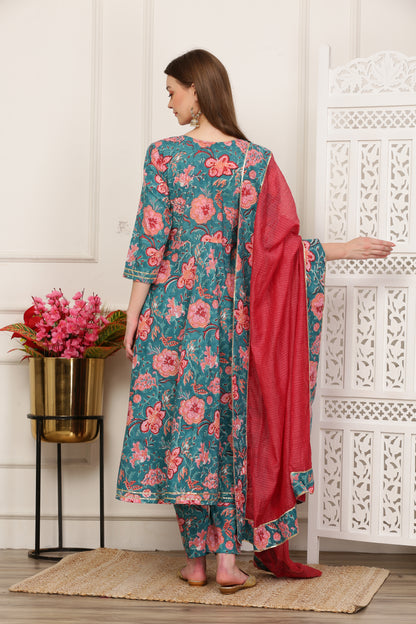 Jasmine Teal Handblock Anarkali Set