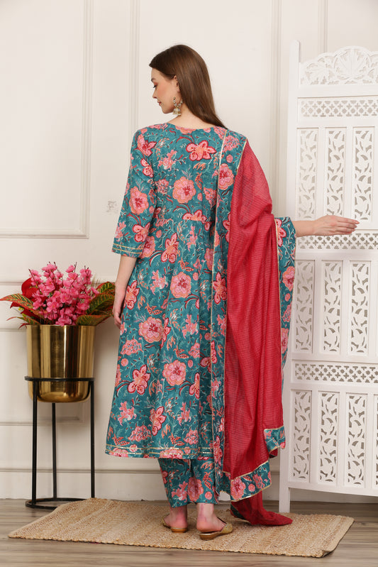 Jasmine Teal Handblock Anarkali Set