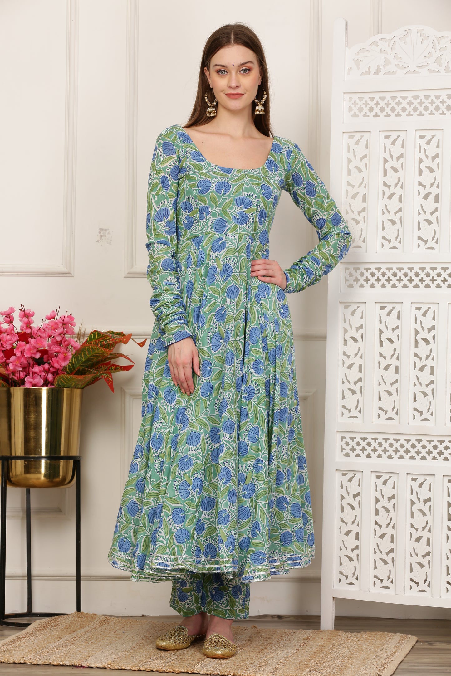 Rihana Green Handblock Anarkali Set