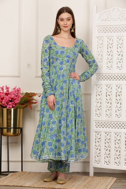 Rihana Green Handblock Anarkali Set