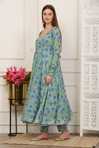 Rihana Green Handblock Anarkali Set