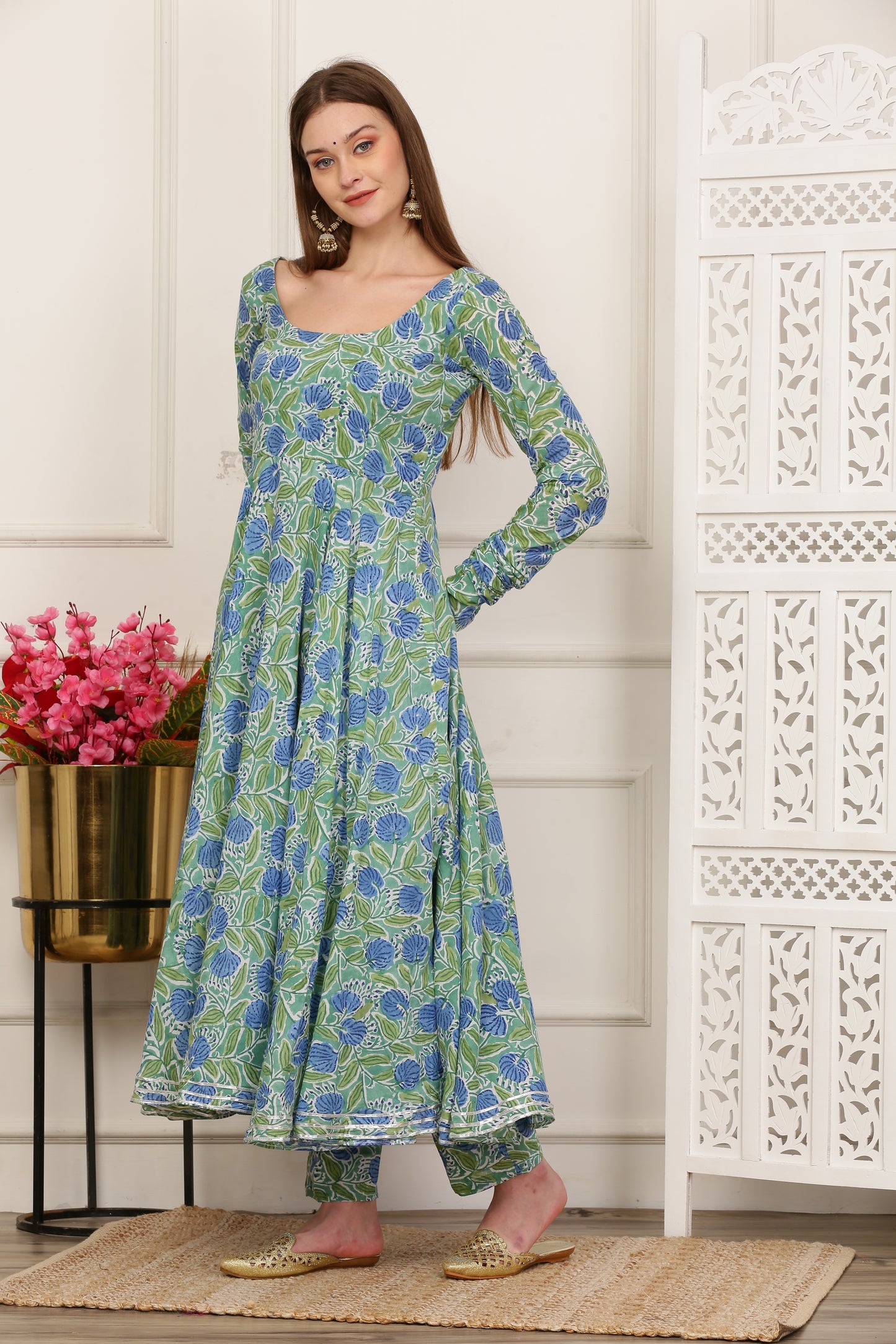 Rihana Green Handblock Anarkali Set