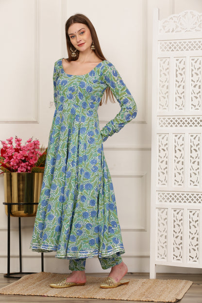 Rihana Green Handblock Anarkali Set