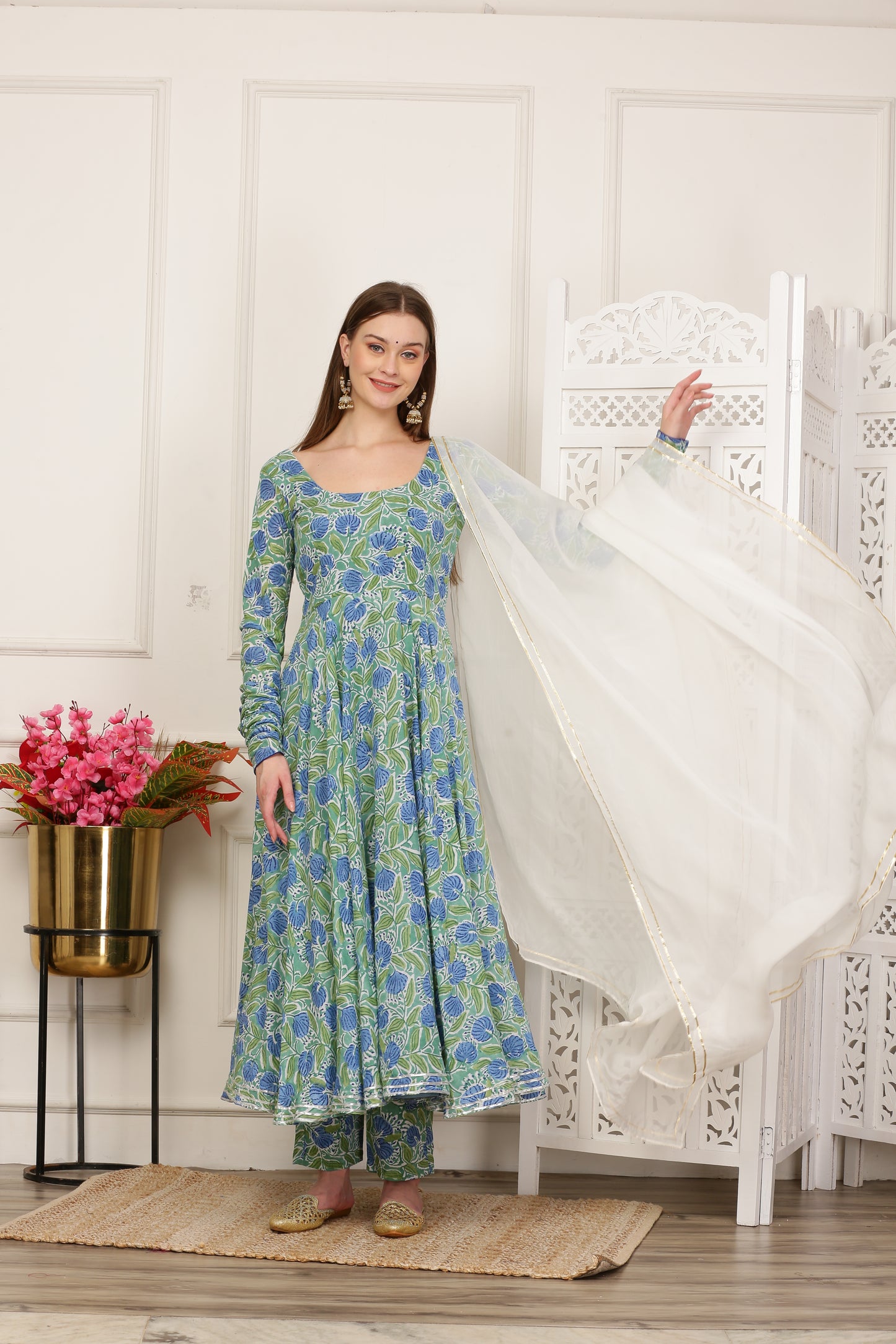 Rihana Green Handblock Anarkali Set
