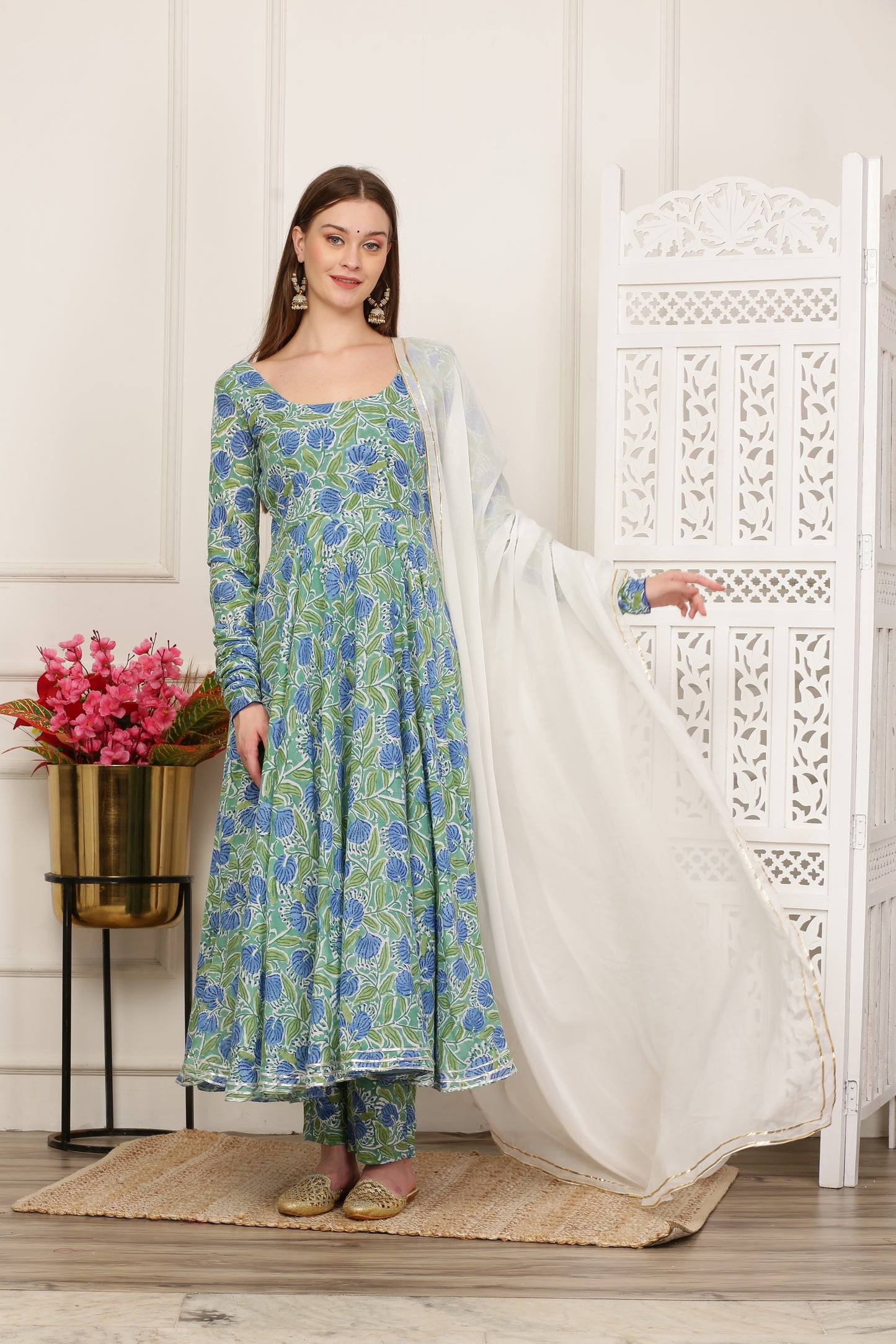 Rihana Green Handblock Anarkali Set