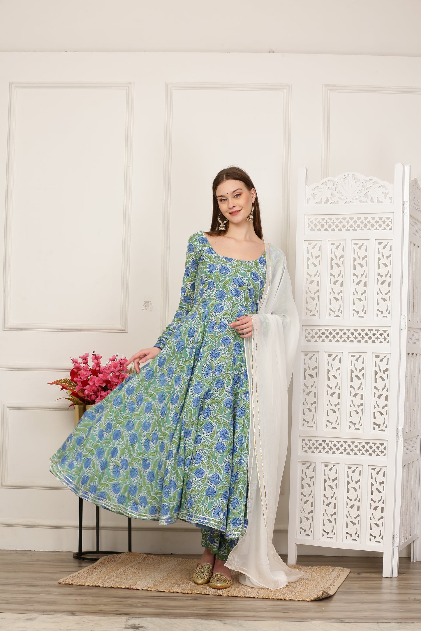 Rihana Green Handblock Anarkali Set