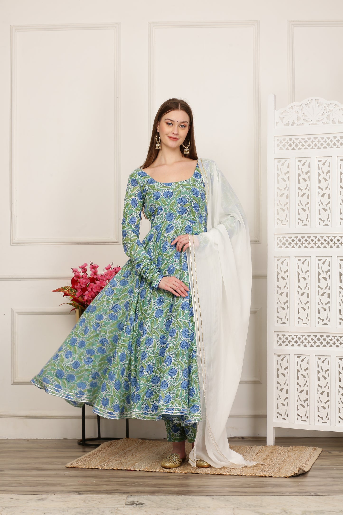Rihana Green Handblock Anarkali Set