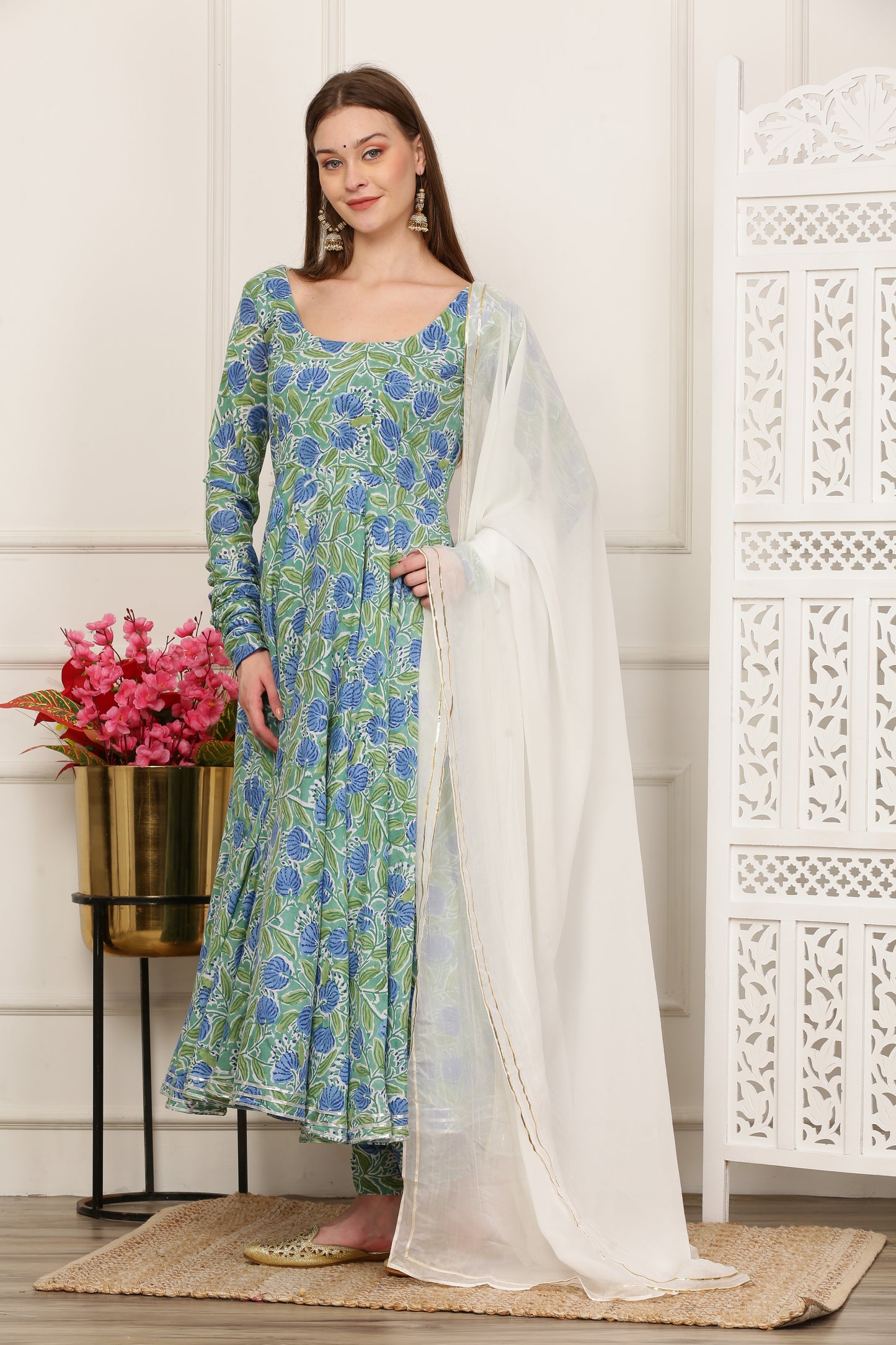 Rihana Green Handblock Anarkali Set