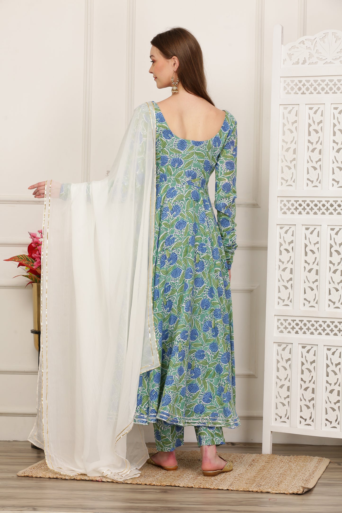 Rihana Green Handblock Anarkali Set