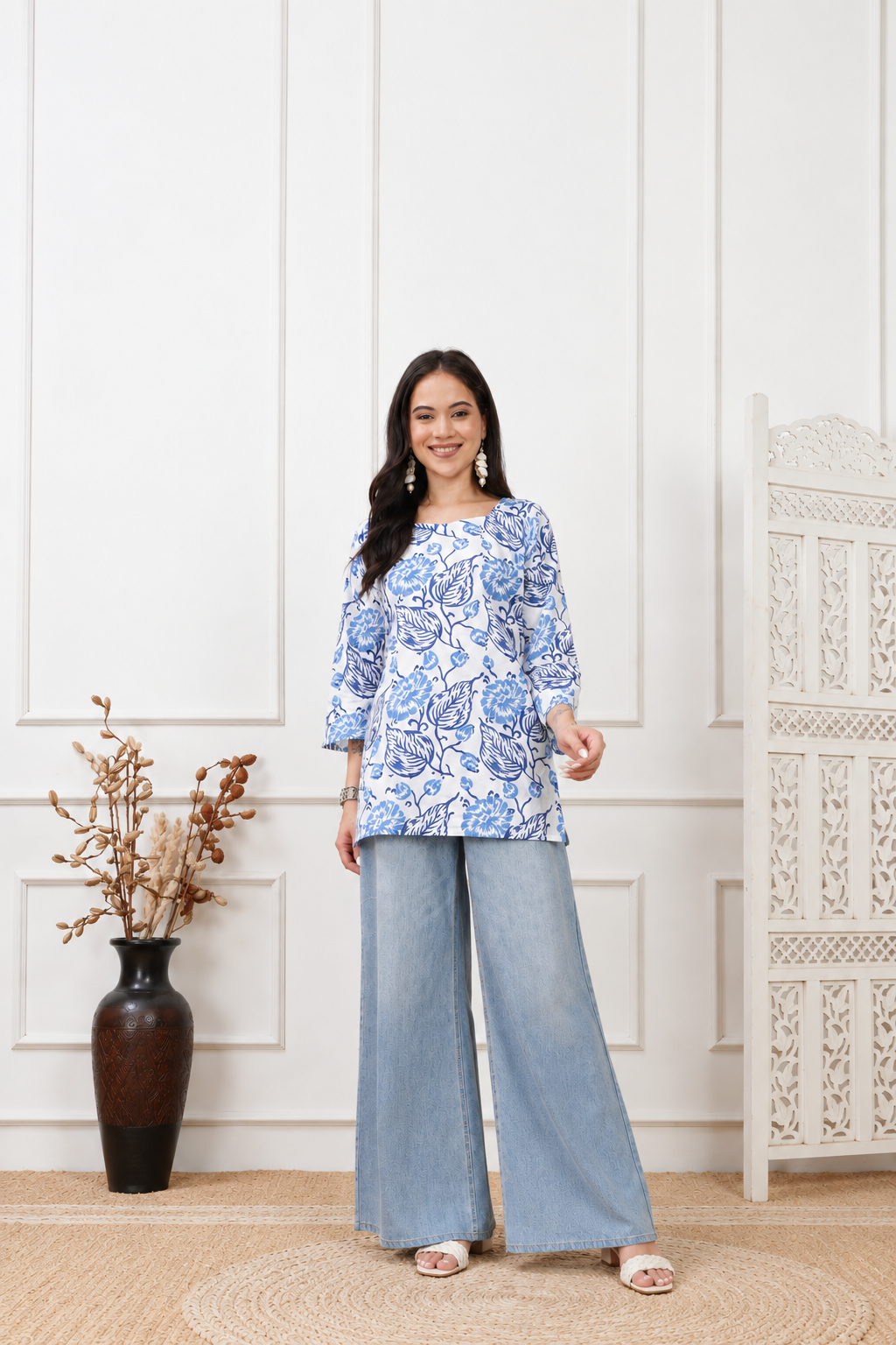 Yara White Handblock Short Kurti