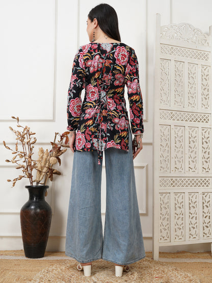 Hayaa Black Handblock Short Kurti
