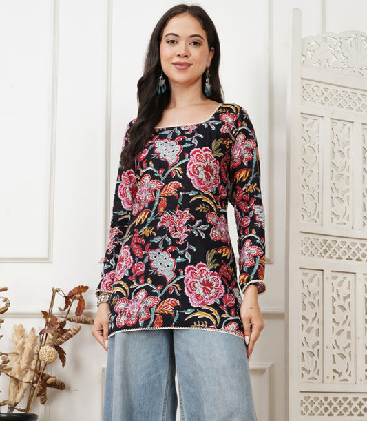 Hayaa Black Handblock Short Kurti