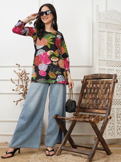 Lina Screen Printed Black Cotton Short Kurti
