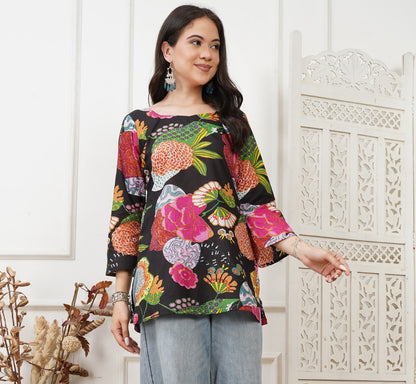 Lina Screen Printed Black Cotton Short Kurti