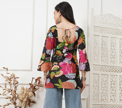 Lina Screen Printed Black Cotton Short Kurti