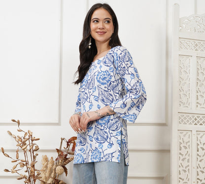 Yara White Handblock Short Kurti