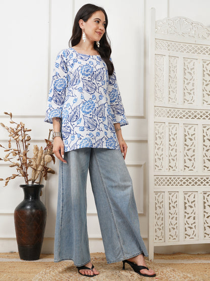 Yara White Handblock Short Kurti